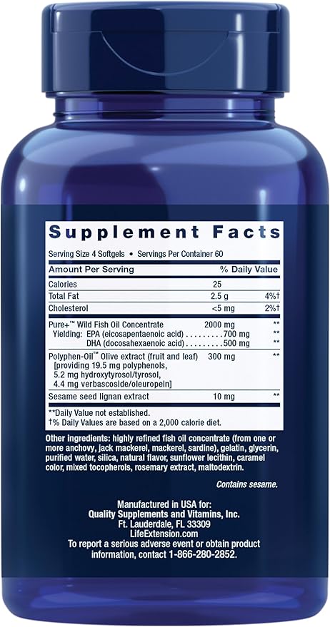 Life Extension Super Omega-3 EPA/DHA Fish Oil, Sesame Lignans & Olive Extract – Heart Health, Brain Health, Inflammation Health Support, Gluten-Free, Easy to Swallow, Non-GMO, 240 Softgels