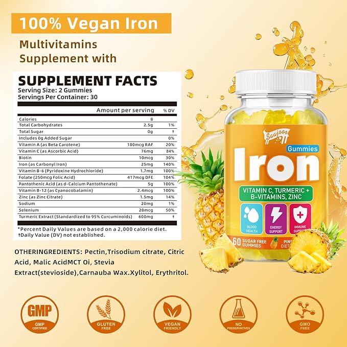 Iron Gummies with Multivitamin for Adults & Kids – Packed with Vitamin B6, B12, C, Zinc, and Folate – for Blood Health & Energy Boost – Pineapple Flavor, Vegan-Friendly, 60 Gummies