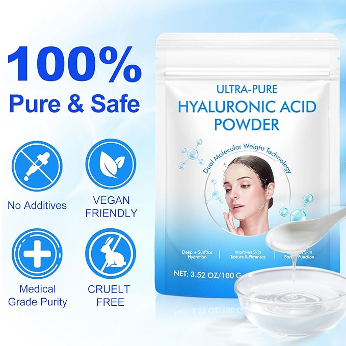 Pure Hyaluronic Acid Powder for Face & Joints, Dual Molecular Weight for Deep Hydration, Anti-Aging, DIY Serum Ingredient, 1 Scoop = 1 Bottle of Essence, 3.52 Oz