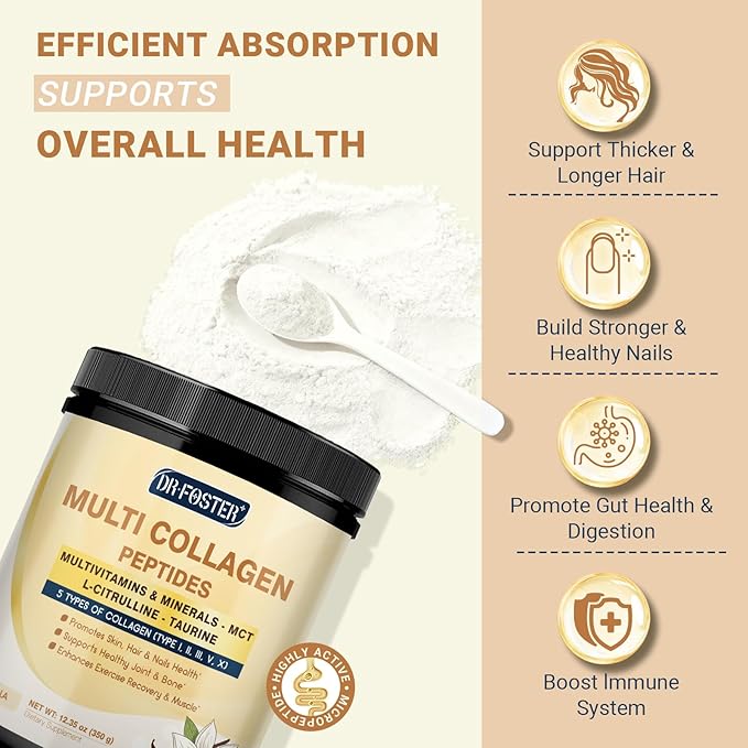 DRFOSTER Vanilla Collagen Peptides Powder for Women & Men, Multi Type I II III V X Collagen with multivitamins & Minerals for Skin, Hair & Nails & Joints, Non-GMO, 35 Servings