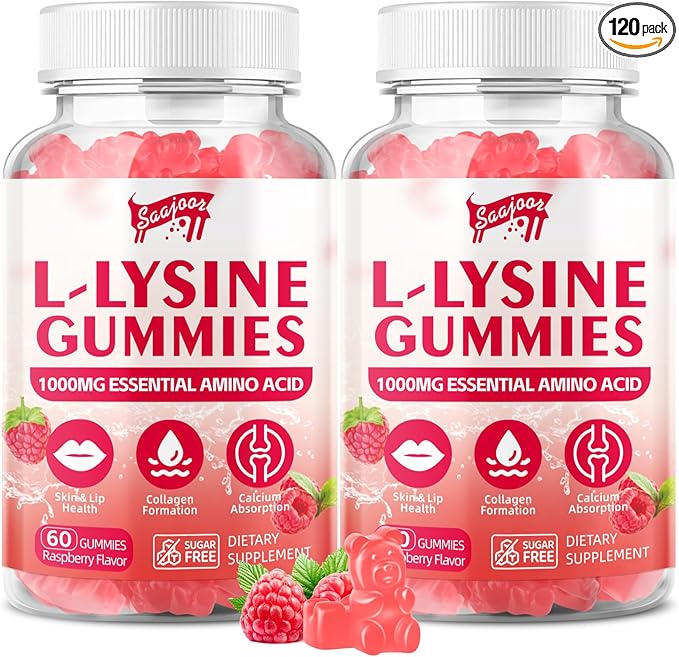 L-Lysine 1000mg Gummies for Immune Support & Skin Health - Vegan, Gluten Free Amino Acid Supplement for Adults, Raspberry Flavor, 120 Gummies