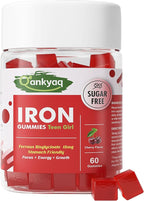 Iron Gummies for Teen Girls, Gentle Iron Bisglycinate with Vitamin C, Iron Supplement Plus Folate, Energy & Anemia Support, Chewable, Sugar Free, 60 Gummies
