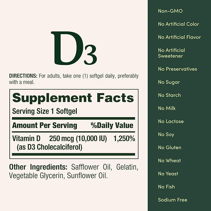 Nature's Bounty Vitamin D for Immune Support, Vitamin D Provides Immune Support and Promotes Healthy Bones, 10000IU, 72 Softgels (Pack of 1)