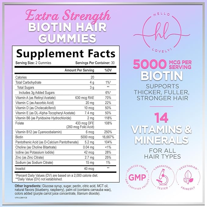 Hair Vitamins Gummies for Hair Growth - Best Multivitamin Supplement for Hair, Skin & Nails with 5000 mcg Biotin per Serving - Supports Thicker, Stronger Hair Women & Men - Berry Flavor - 60 Gummies
