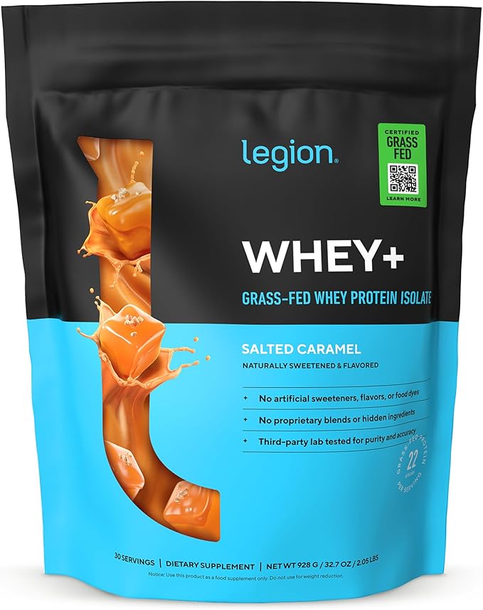 LEGION Whey+ Protein Whey Isolate from Grass Fed Cows (Salted Caramel, 30 Servings) - Whey Protein Isolate Powder, Low Calorie, Non-GMO, Sugar Free, Lactose and Gluten Free, All Natural Protein Powder