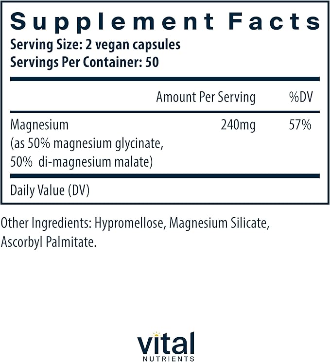 Vital Nutrients Magnesium Glycinate + Malate - 120mg Vegan Magnesium Supplement for Women and Men - Muscle, Heart, Bone Support* - Promotes Relaxation - Gluten, Dairy and Soy Free - 100 Capsules