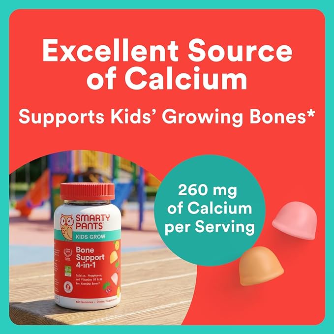 SmartyPants Kids Bone Support 4-in-1 Gummies with Calcium, Vitamin D3, K2 & Phosphorus for Growing Bones, Strawberry Mango, 60 Count (30 Day Supply)