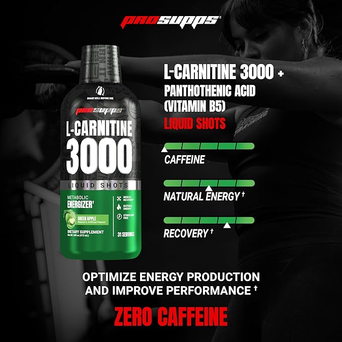 ProSupps L-Carnitine Liquid 3000, Stimulant-Free Liquid Shots for Men & Women - Clean Workout Drink for Energy, Performance & Muscle Recovery - No Sugar, No Carbs - 31 Servings, Green Apple