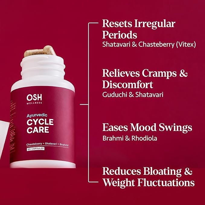 Osh Cycle Care – Natural Period Pain & Cramp Relief for Women | Hormonal Acne Support, Bloating & Mood Balance | Ayurvedic Supplement with Chasteberry, Shatavari & Borage Oil | 60 Capsules