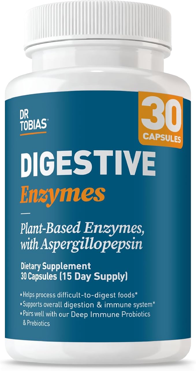 Dr. Tobias Digestive Enzymes Digestion Supplement with 18 Enzymes for Digestion and Gut Health | Includes Amylase Bromelain Lipase Lactase Protease Papain & More (30 Capsules 15 Servings)