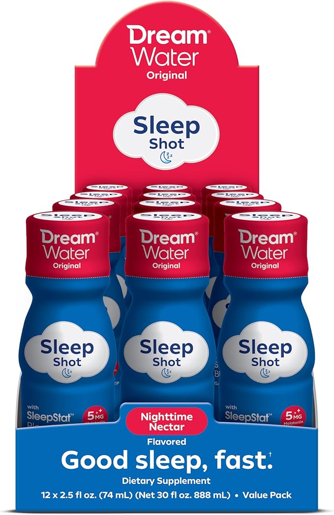 Dream Water Sleep Aid Supplement Drink; Melatonin 5mg, GABA, 5-HTP; Zero Sugar, Natural Flavors, No Added Colors, 2.5 oz Liquid Sleep Shots, Nighttime Nectar, 12-Count