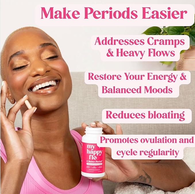 My Happy Flo PMS Support Supplement for Women with Iron, PMS Relief Hormone Support for Women, 10-in-1 PMDD Supplements for Women | DIM & I3C Indole-3-Carbinol for Cramp Relief, Heavy Flow - 60 Caps