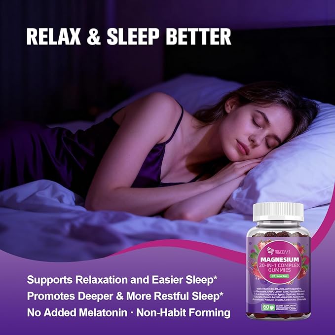 Migcopat Magnesium Complex Gummies, 20 in 1 Magnesium Gummy with Glycinate Citrate Malate Taurate - Ashwagandha, L-Theanine, D3&Zinc for Relaxation, Sleep, Muscle&Heart Support, Strawberry, 60 Cts