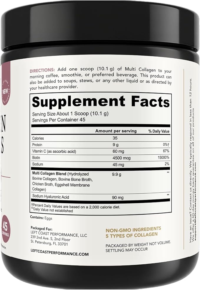 Multi Collagen Peptides Powder Types I, II, III, V, X Multi Collagen Protein Powder with Hyaluronic Acid, Biotin, Vitamin C, For Skin Hair Nails Joints and Gut Health - Keto, Non-GMO Supplement