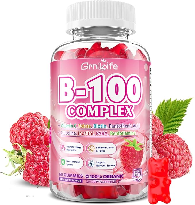 Vitamin B Complex Gummies, All B Vitamins + Methyl B12, B1, B2, B3, B5, B6, Biotin, Methylfolate, Vitamin C, Choline, Inositol, PABA for Energy & Immune Support, Raspberry Flavor, 60 Count