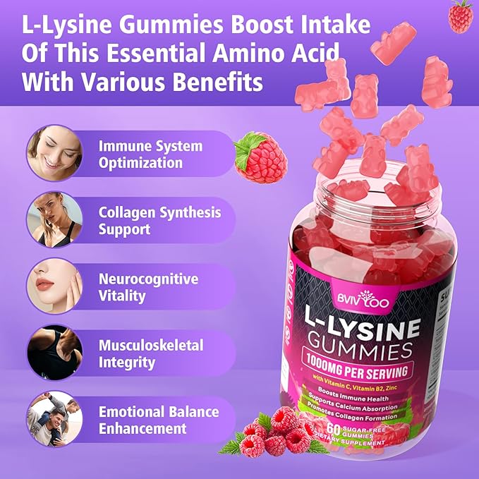 L-Lysine 1000mg Gummies for Immune Support & Skin Health - High Potency Vegan, Sugar-Free, Gluten-Free Supplement with Natural Raspberry Flavor for Adults & Kids - 60 Gummies
