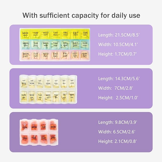 Weekly Travel Pill Organizer 3 Times A Day Pill Case for Purse with Removable 7 Day Pill Box Holder,Cute Medication Organizer Pill Container for Medicine, Vitamin, Fish Oils,Supplement(Purple, Large)