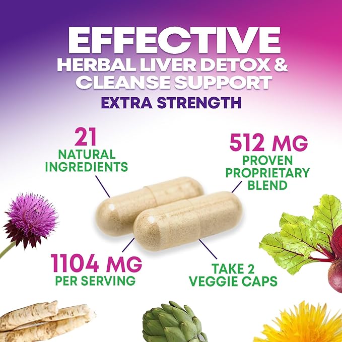 Gentle Liver Cleanse Detox & Repair Formula - Advanced Liver Support Supplement with Silymarin Milk Thistle, Dandelion Root, Artichoke Extract, Turmeric, Choline, & Beetroot - 60 Veggie Capsules