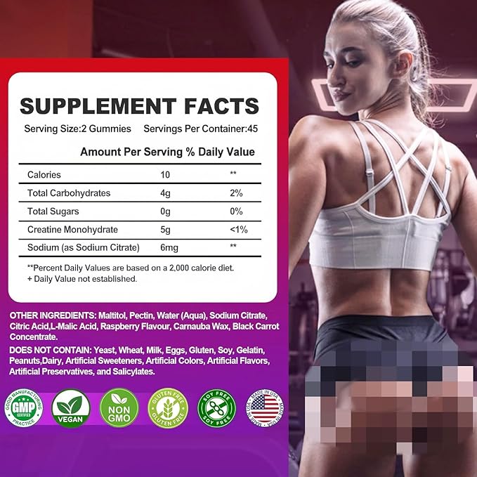 Creatine Monohydrate Gummies Infused with 5g Creatine for Men and Women, Chewable Creatine Monohydrate for Muscle Strength, Muscle Builder, Energy Boost, Pre-Workout Supplement- 90 Raspberry Gummies