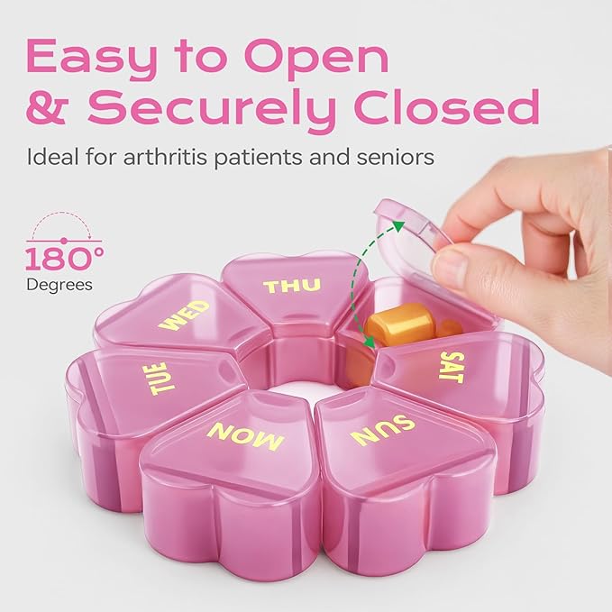 Pill Organizer Weekly - Cute Medicine Pill Organizer 7 Day, Large Daily Pill Box for Travel, SHIJOINYU Pill Dispenser Case 1 Time a Day for Medication/Supplement/Fish Oil (Pink)