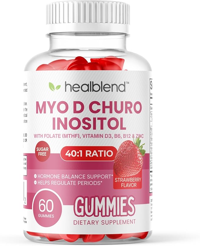 healblend Myo & D-Chiro Inositol Gummies - PCOS Support for Women, Hormone Balance, Fertility & Ovulation - with Methylfolate, Vitamin D3, Zinc, Evening Primrose - Strawberry, Sugar-Free, 60ct (1)