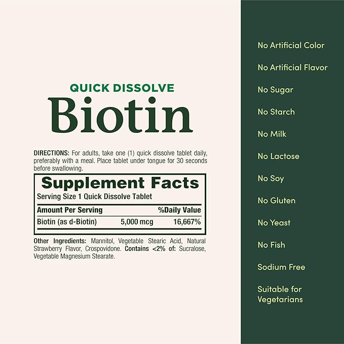Nature's Bounty Biotin, Supports Metabolism for Cellular Energy and Healthy Hair, Skin, and Nails, 5000 mcg, 60 Quick Dissolve Tablets, (Pack of 2)