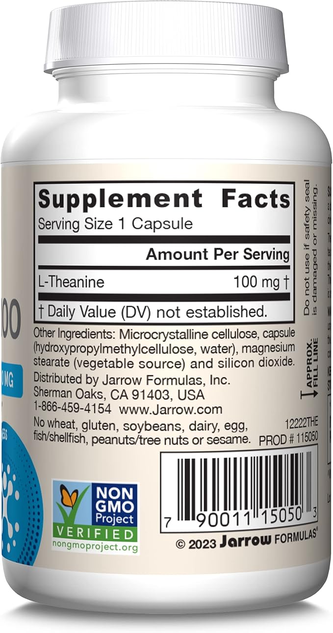 Jarrow Formulas® Regular Strength Theanine 100 mg,Dietary Supplement,60 Capsules,60 Day Supply,(Pack of 2)