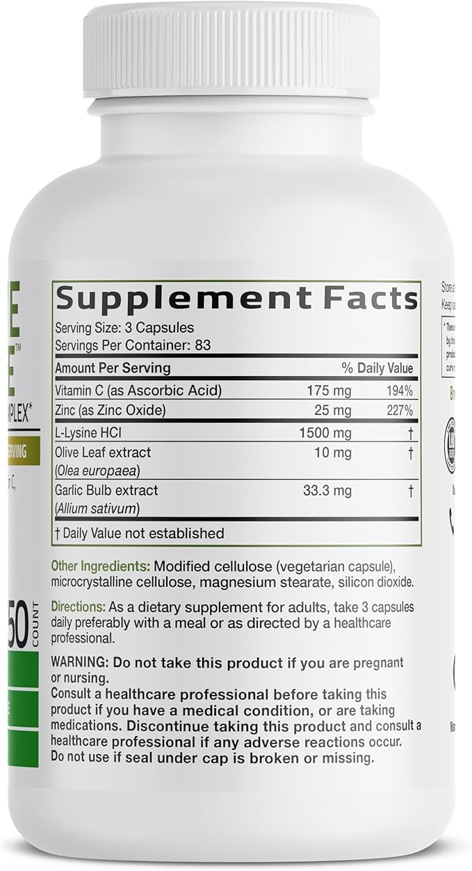 Bronson L-Lysine Defense Immune Support Complex 1500 MG L-Lysine Plus Olive Leaf, Garlic, Vitamin C and Zinc - Non-GMO, 250 Vegetarian Capsules