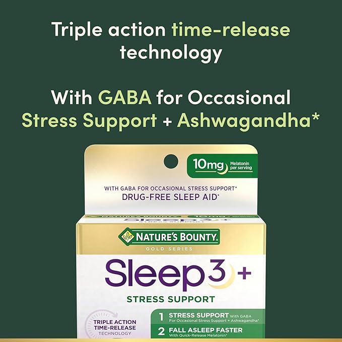 Nature's Bounty Stress Support Plus Melatonin, Sleep3 Maximum Strength 100% Drug Free Sleep Aid, Dietary Supplement with Ashwagandha, Time Release Technology, 10mg, 56 Tri-Layered Tablets