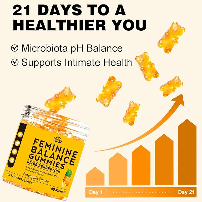 Suiyilary Feminine Probiotics Gummies for Women, Pineapple Gummies PH Balance, Premium Vaginal Health, Immune Support, Vegan, Gluten-Free, Hawaiian Pineapple 90 Gummies 45 Servings
