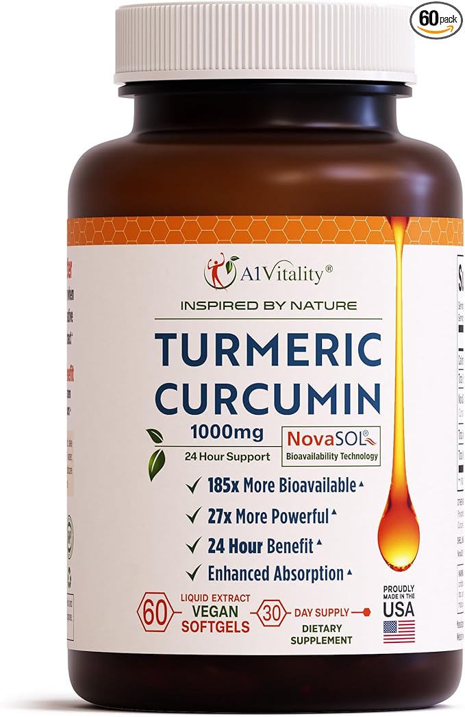 A1Vitality Vegan Turmeric Curcumin NovaSOL 1000mg - Nature's Joint Support Supplements - 185x Bioavailable Than Standard Curcumin - Natural Carrageenan Softgels (Vegan)