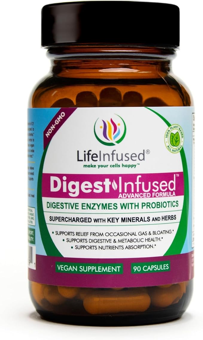 Life Infused Digestive Enzymes with Probiotics – 21 Plant-Based Enzymes with Bromelain, Papain, Amylase & Protease – Digestive Support for Gas & Bloating – 72 Trace Minerals & Herbs – Vegan – Capsules