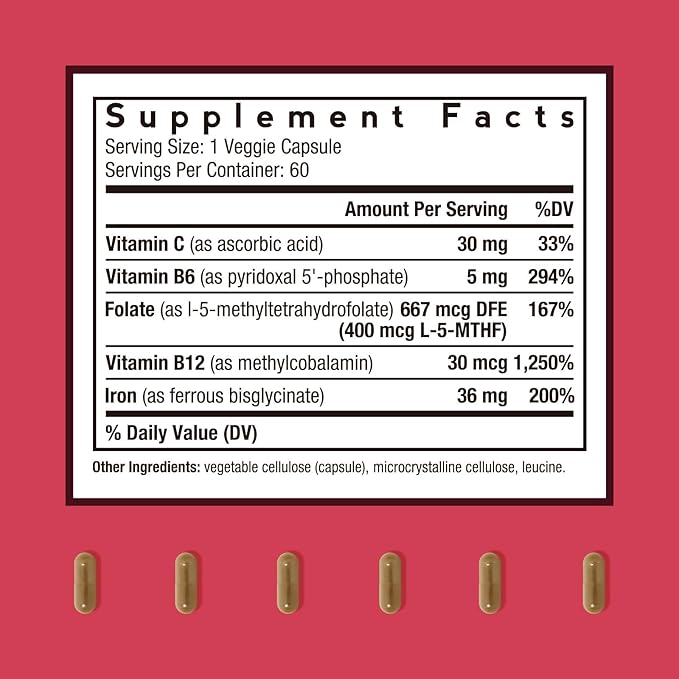 Doctor's Recipes Iron Supplement for Women Men - Gentle Iron Bisglycinate with Vitamin C, B6, Folate & B12, Stomach Friendly Iron Pills, 60 Vegan Caps