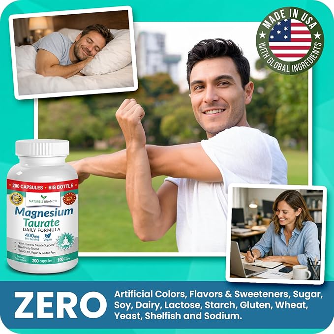 Magnesium Taurate 400mg | High Absorption | 200 Capsules for Sleep, Heart Health, Calm, Joint Supplement for Women and Men | Pure Elemental Mag Powder Plus Taurine - Extra Strength Pills