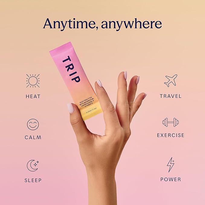 TRIP Electrolytes Powder Packets with Magnesium, Ashwagandha & Vitamin D. Peach Yuzu Daily Hydration Packets, Vegan, Electrolyte Drink Mix, Calming Hydration Powder, 20 Sachets