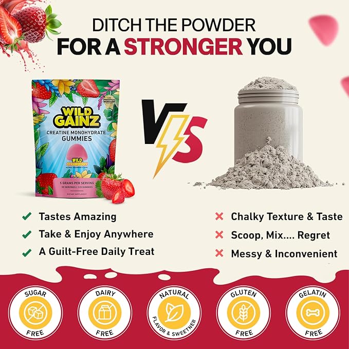 Creatine Monohydrate Gummies Sugar Free 5g - Made in USA - Pre Workout Creatine Chews for Women & Men, Creatine Gummy Candy, Chewable Nutritional Supplements, NSF Certified (Strawberry, 120 Count)