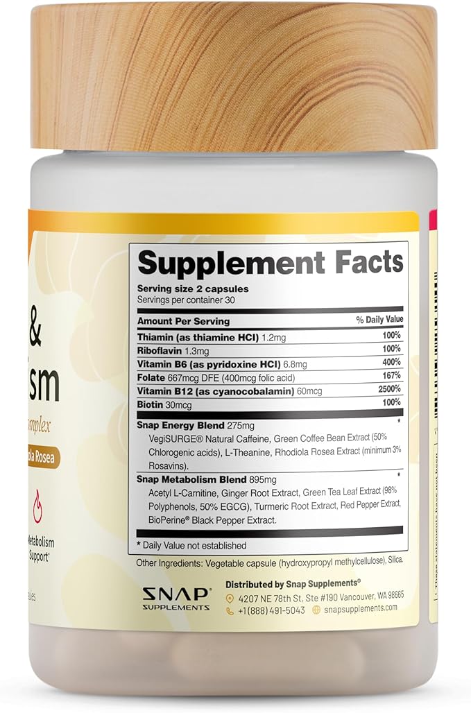 Snap Supplements Energy & Metabolism Herbal Complex for Fatigue, Stress Relief, Energy Booster & Better Mood, Energy Pills for Women & Men, 60 Capsules (30 Servings, 1 Month Supply)
