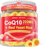 Red Yeast Rice Gummies 600mg & CoQ10 200mg for Adult, 12-in-1 High Absorption Coenzyme Q10 Supplement Plus Omega 3, PQQ, Astaxanthin, Methyl B12, Support Brain, Energy, Immunity, Antioxidant, 60Cts
