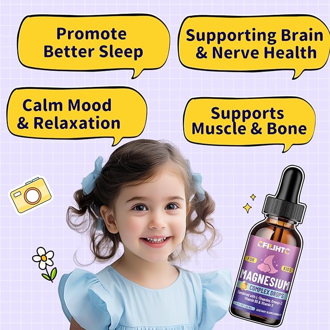 Kids Magnesium Liquid Drops-Magnesium Glycinate Liquid for Kids Supplement-w/L-theanine, Omega-3, Vitamin B6, D3 - for Sleep, Relaxation, Brain, Bones - Mango Flavor, 4 Fl Oz