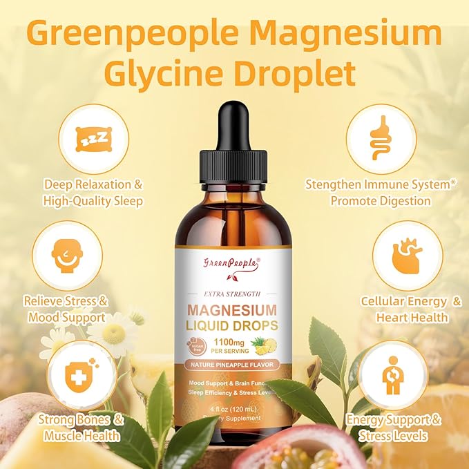 GREENPEOPLE 17-in-1 Triple Magnesium Complex Supplement,Magnesio Liquid Drops with Magnesium Glycinate & Citrate,Pineapple Flavor,Calm Mood,Muscle & Sleep for Adults,4 fl. oz 2Pack