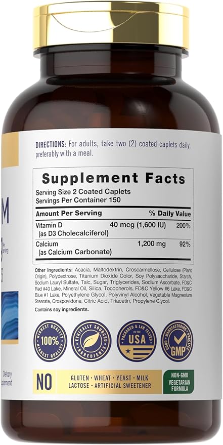 Carlyle Calcium 1200mg with Vitamin D3 | 300 Caplets | Non-GMO, Gluten Free, and Vegetarian Supplement