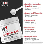 10X Health Amino Acids - 30 Servings of EAA & BCAA Powder, Pre Workout BCAA with Essential Amino Acids Supplement - BCAAs & EAAs for Longevity, Muscle Support, Strength, Energy - Tropical Orange