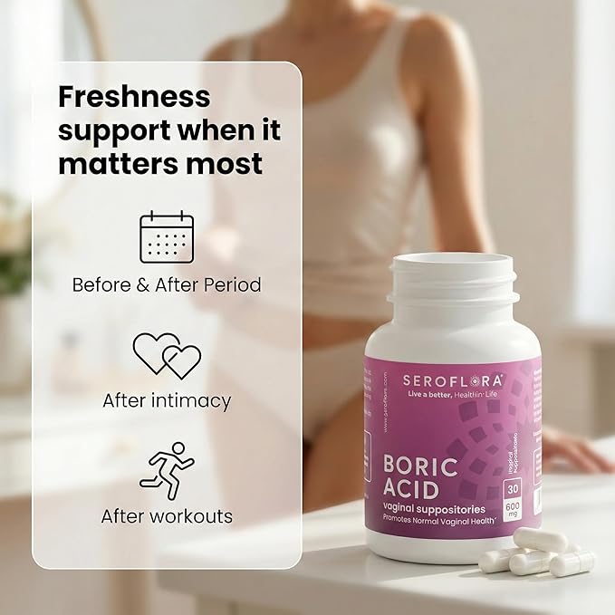 Seroflora Boric Acid Vaginal Suppositories 600mg – 60 Count (30ct, 2 Bottles) Odor Control, Feminine pH Balance & Daily Freshness – Clean Holistic Hygiene for Women – Made in USA