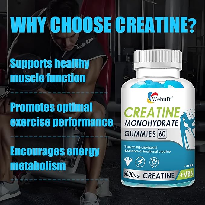 Creatine Gummies Monohydrate Complex 5000mg 60 Count Gummies Taurine + Vitamin B6 for Muscle Strength, Muscle Builder, Energy Boost, Pre Workout (60 Count (Pack of 1))