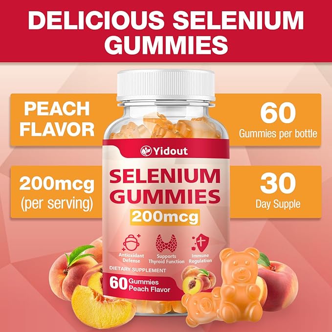 Selenium Supplement for Thyroid Support Gummies 200mcg as Energy Booster for Women and Men, Peach Flavor (60 Count（Pack of 2)