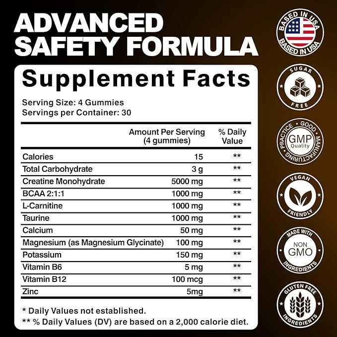 KUKALY Creatine Monohydrate Gummies for Men & Women, 8500MG Creatine Gummies Sugar Free Pineapple Flavored with L-Taurine BCAA 2:1, B12 B6 for Boost Strength, Focus & Endurance, Vegan, Non-GMO 120pcs