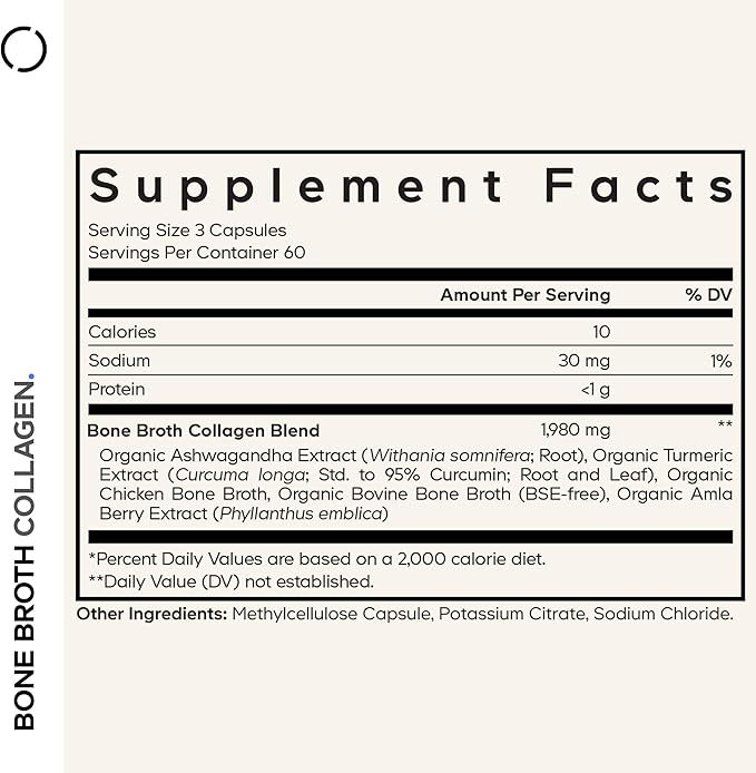 Codeage Organic Bone Broth Collagen Peptides Capsules Supplement, Bone Broth Grass Fed Beef, Free-Range Chicken, Turmeric & Ashwagandha - Collagen Types I, II, III - Non-GMO - 180 Capsules