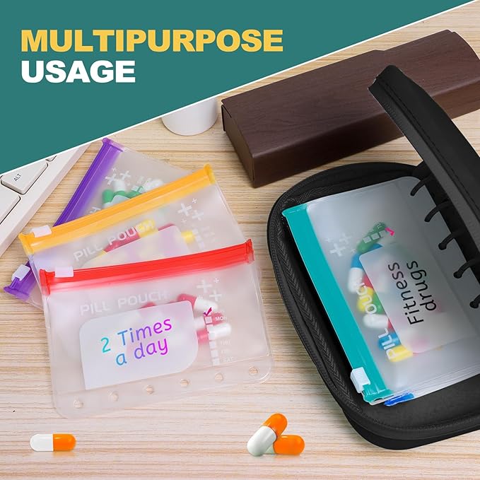 Timueetech A7 Waterproof Pill Organizer with 7 PCS L Size Zippered Pill Pouches for A7 Binder, Large BPA-Free Weekly Medicine Organizer, Color-Coded Reusable Travel Pill Storage System