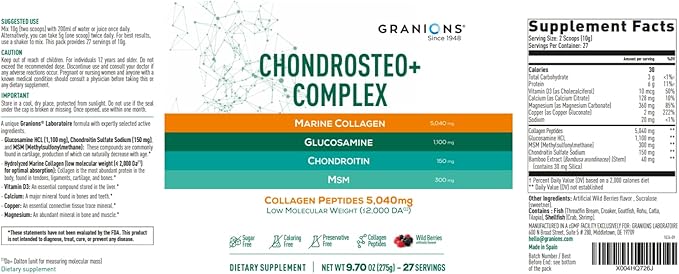 Granions Glucosamine Chondroitin MSM Complex Powder – Joint Supplements for Men and Women - Chondrosteo, Hydrolyzed Marine Collagen Peptides, Pack of 2 – Wild Berry Flavor, 19.8oz