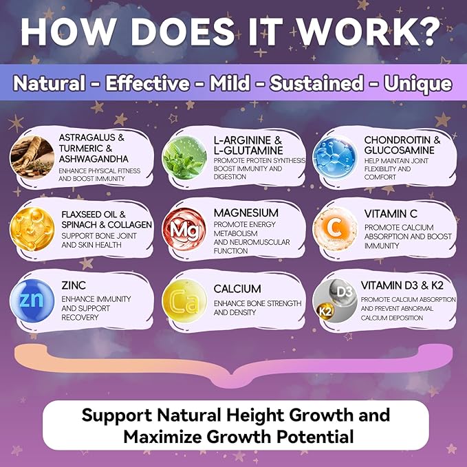 Height Growth Gummies for Kids & Teens - Calcium, Vitamin D3 + K2, Zinc, Magnesium, L-Arginine - Teen Multivitamin Gummies for Children Bone Strength and Immunity - 60 Gummies